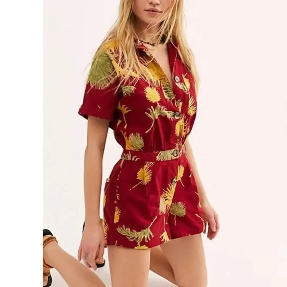 NWT Free People XS Malibu Button Front Romper Cotton Maroon Combo Cotton